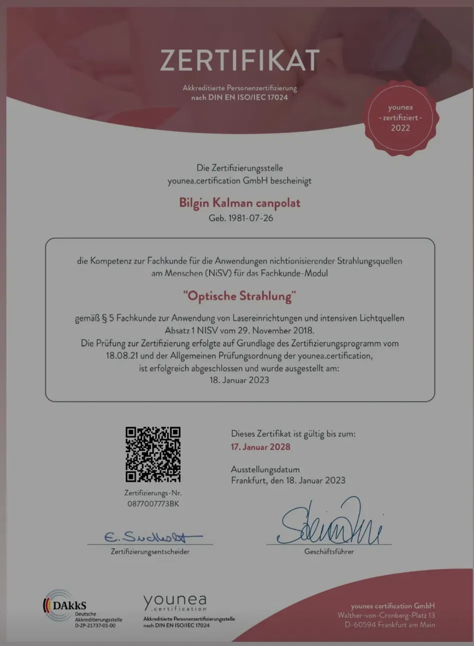 NiSV Zertifikat Optische Strahlung, Bilgin Kalman Canpolat
